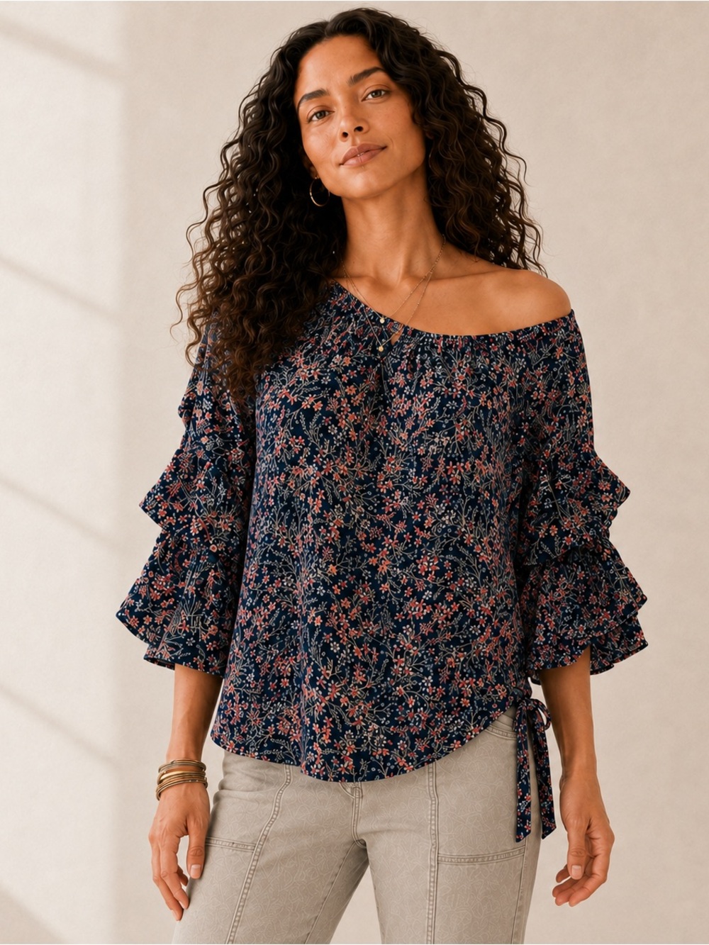 CeCe Women’s Size L Navy Floral Off/On  Shoulder Ruffle Sleeve Tie Hem Blouse